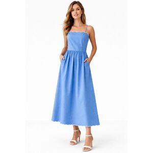 Charles Henry Blue Scallop Trim Poplin Midi Sundress Pockets Fit Flare L NWT